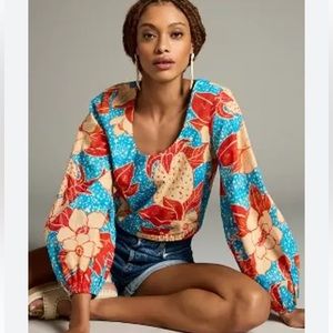 Farm Rio tropical print cropped balloon sleeve top